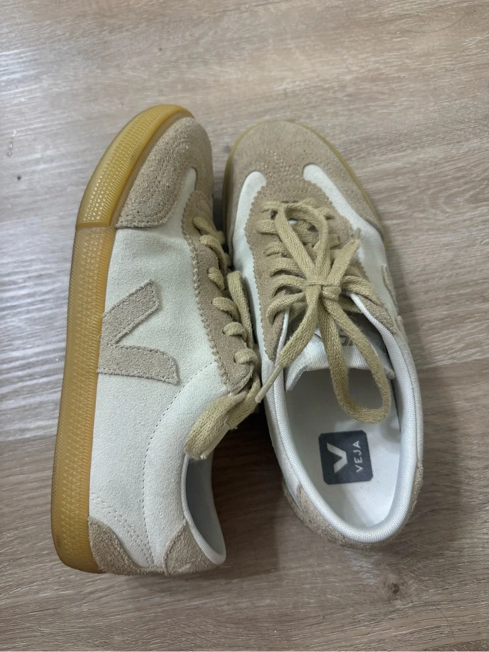 Veja White & Beige Suede Low-Top Sneakers with Gum Sole